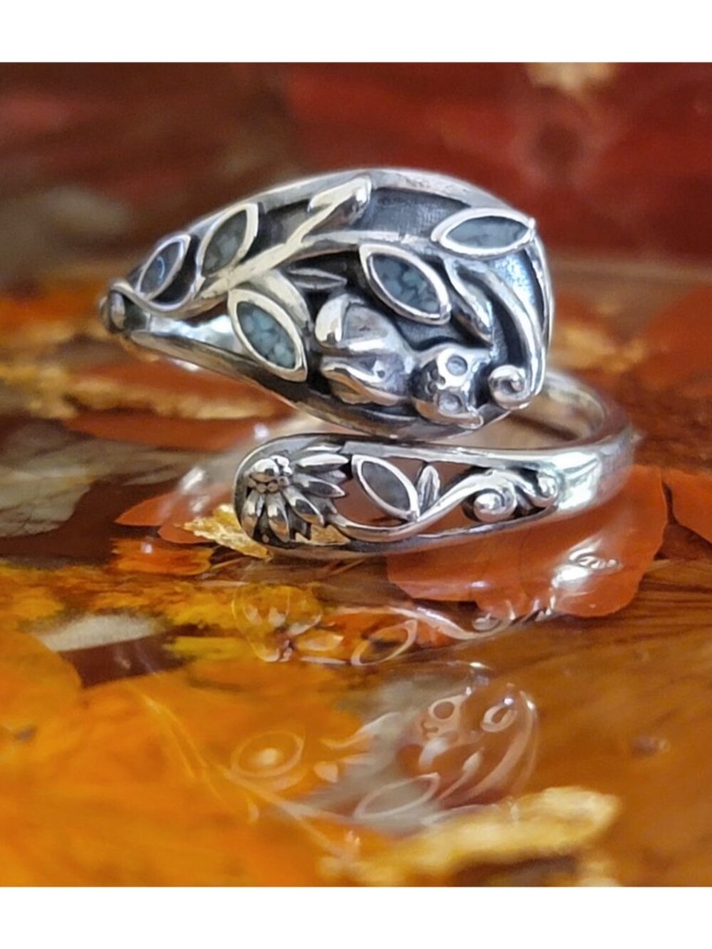 Sterling Silver Cat Turquoise Inlay Adjustable Ring S925 Boho NWT